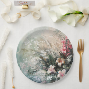 Assiettes En Carton Mariage floral rose blanc tropical
