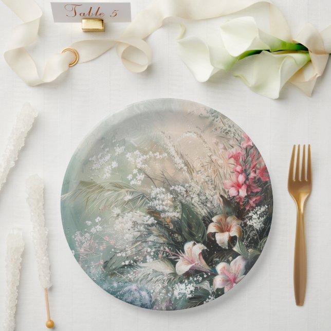 Assiettes En Carton Mariage floral rose blanc tropical (Mariage)