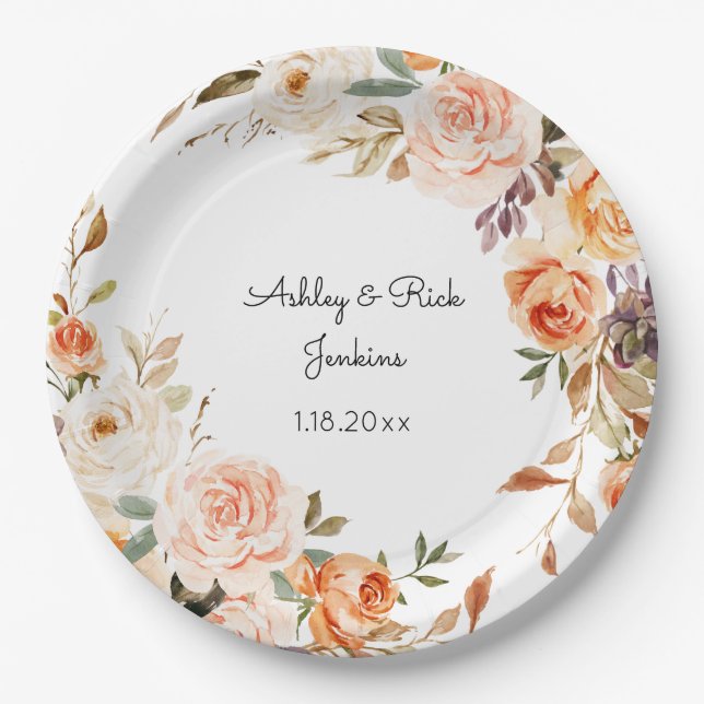 Assiettes En Carton Mariage floral rose et rose pâle (Devant)