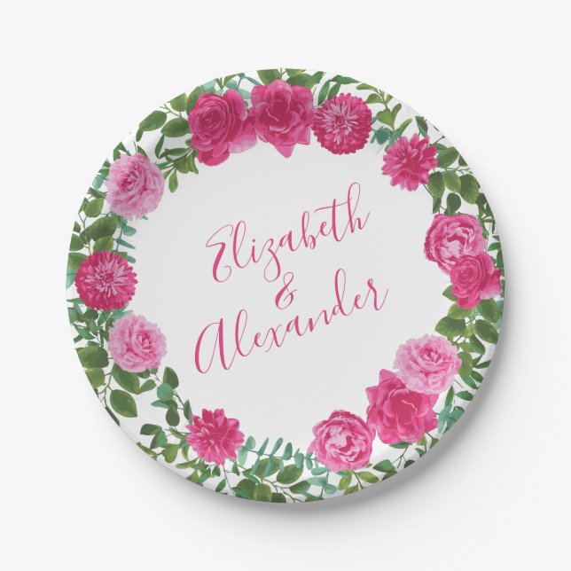 Assiettes En Carton Mariage floral rose vif (Devant)