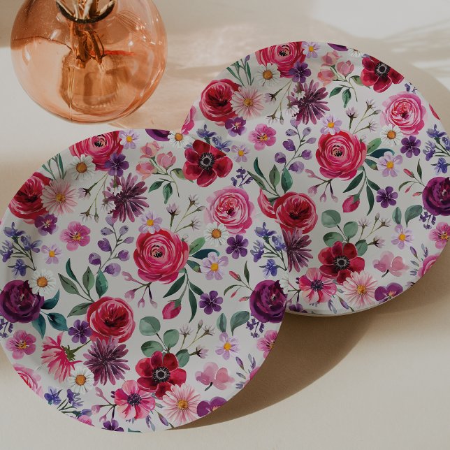 Assiettes En Carton Mariage Floral rouge (Red Floral Watercolor Wedding Paper Plates by Painted Paperie
)