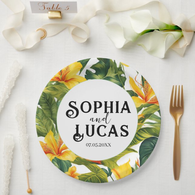 Assiettes En Carton Mariage floral tropical jaune (Mariage)