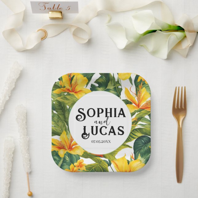 Assiettes En Carton Mariage floral tropical jaune (Mariage)