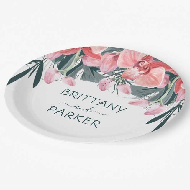 Assiettes En Carton Mariage floral tropical personnalisé (Angle)