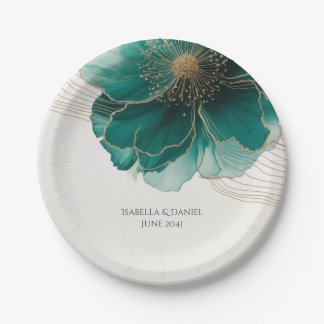 Assiettes En Carton Mariage Floral Turquoise et Or