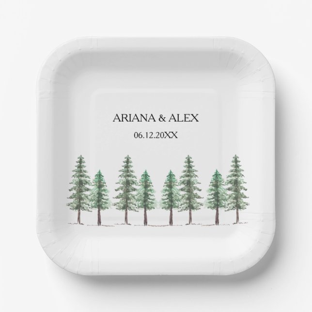 Assiettes En Carton Mariage forêt de pins aquarelle (Recto)