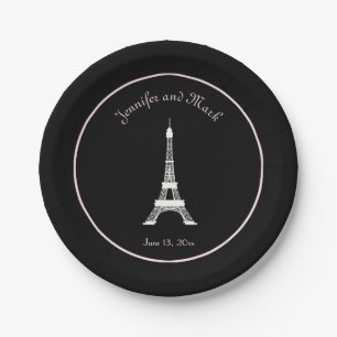 Assiettes En Carton Mariage français rose blanc noir chic de Tour