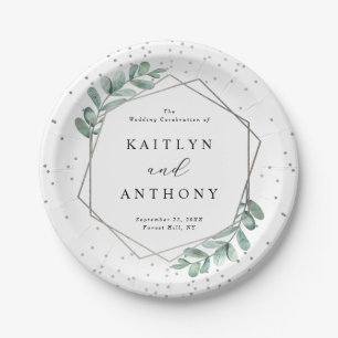 Assiettes En Carton Mariage géométrique Eucalyptus à huile d'argent