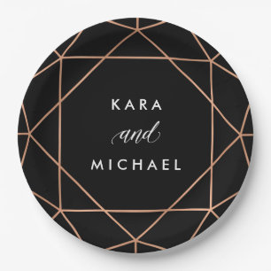 Assiettes En Carton Mariage géométrique Faux Rose Gold sur Noir