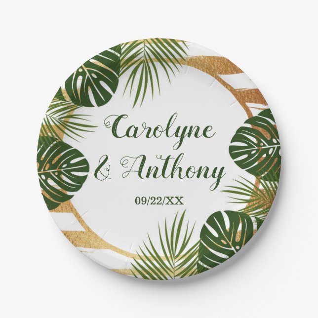 Assiettes En Carton Mariage Gold Foil & Green Palm Leaf Beach (Devant)