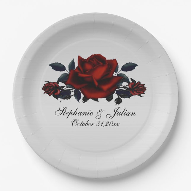 Assiettes En Carton Mariage gothique de rose rouge (Devant)
