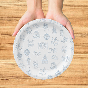 Assiettes En Carton Mariage Illustré Bleu Dessiné à la Main de Manière