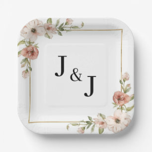 Assiettes En Carton Mariage Initiales Cadre Fleurs Épanouies Rose Pâle