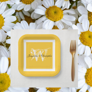 Assiettes En Carton Mariage Jaune & Blanc Chic Script Nom du monogramm