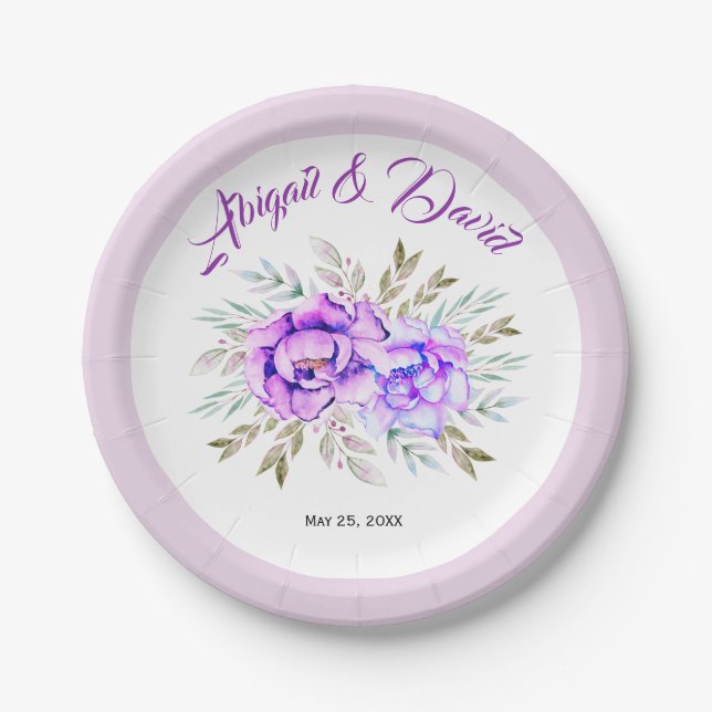 Assiettes En Carton Mariage lilas de fleurs d'aquarelle violette (Devant)