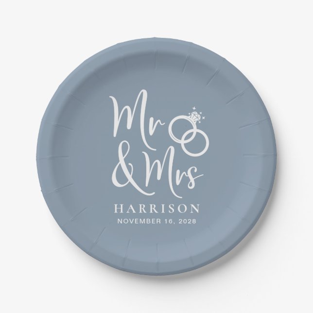 Assiettes En Carton Mariage M. Mme Dusty Blue (Devant)