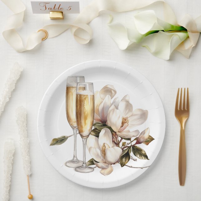 Assiettes En Carton Mariage Magnolias et Lunettes de Champagne (Mariage)