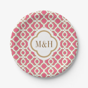 Assiettes En Carton Mariage marocain Monogramme Hot Pink et Gold