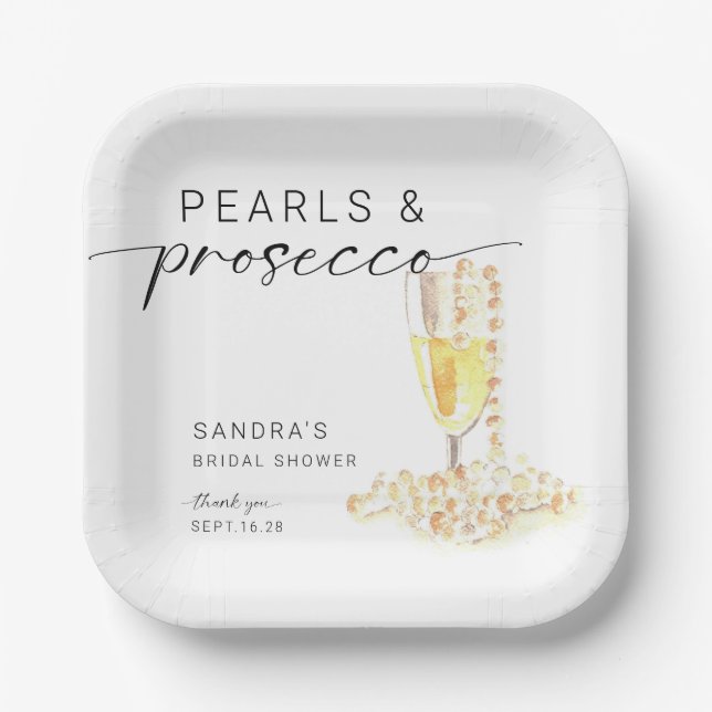 Assiettes En Carton Mariage minimal personnalisé perles et Prosecco  (Recto)