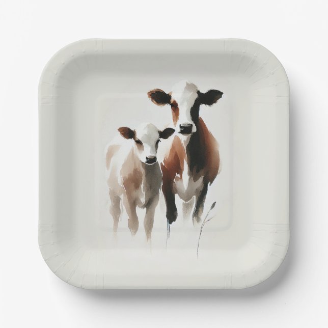 Assiettes En Carton Mariage Minimal Rustique en Aquarelle Vaches (Recto)