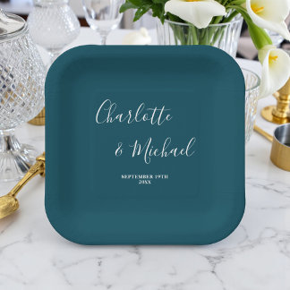 Assiettes En Carton Mariage Minimaliste Écriture Élegante Sarcelle Pro