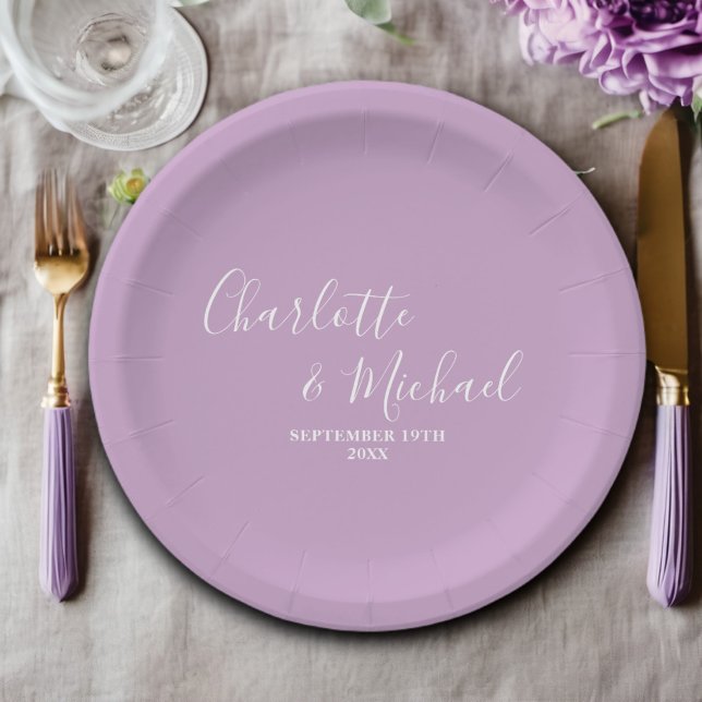 Assiettes En Carton Mariage minimaliste Lilac Purple Script (Créateur téléchargé)
