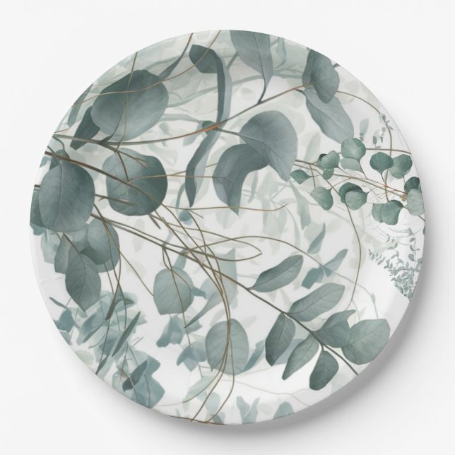 Assiettes En Carton Mariage moderne à l'aquarelle sauge vert eucalyptu (Devant)