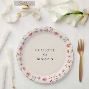 Assiettes En Carton Mariage moderne beige avec fleurs sauvages