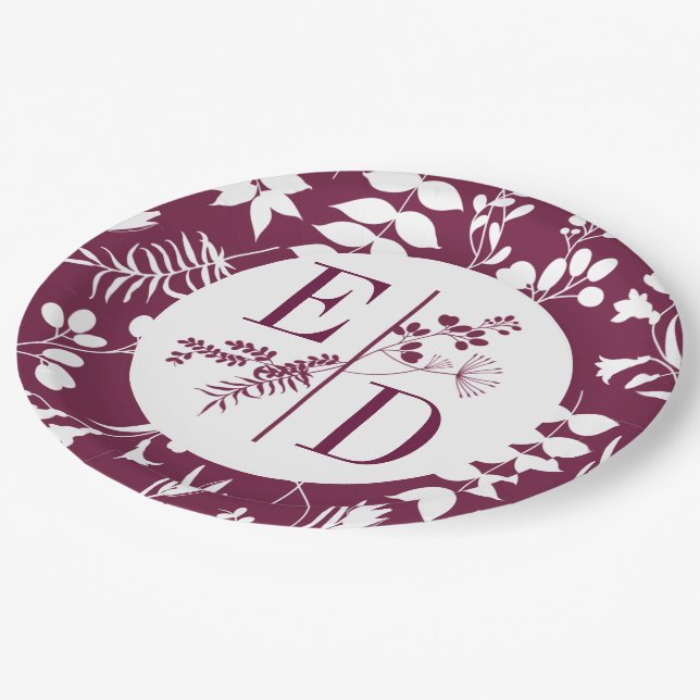 Assiettes En Carton Mariage Moderne Bourgogne Initiales Plaque en Papi (Angle)