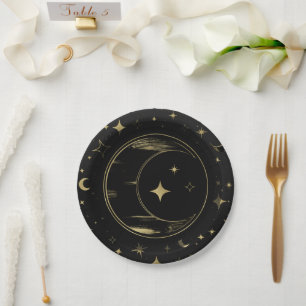 Assiettes En Carton Mariage Moderne Céleste Lune Étoiles Noir & Or