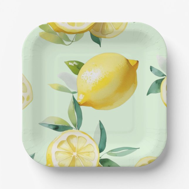 Assiettes En Carton Mariage moderne en jaune citron avec écriture flor (Recto)