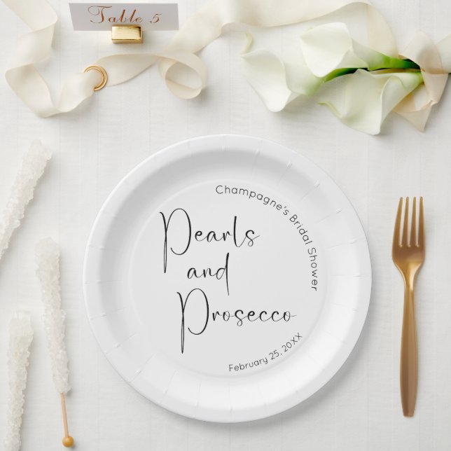 Assiettes En Carton Mariage Moderne Script Perles et Prosecco (Mariage)