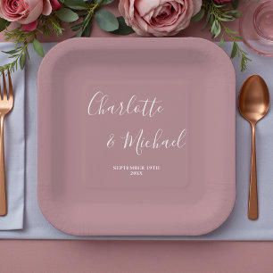 Assiettes En Carton Mariage Moderne Tendance Rose Poussiéreux Écriture