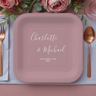 Assiettes En Carton Mariage Moderne Tendance Rose Poussiéreux Écriture