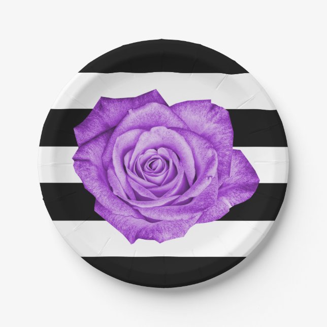 Assiettes En Carton Mariage moderne violet Rose noir blanc rayé (Devant)