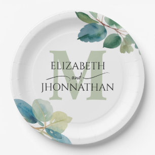 Assiettes En Carton Mariage monogrammé à eucalyptus vert