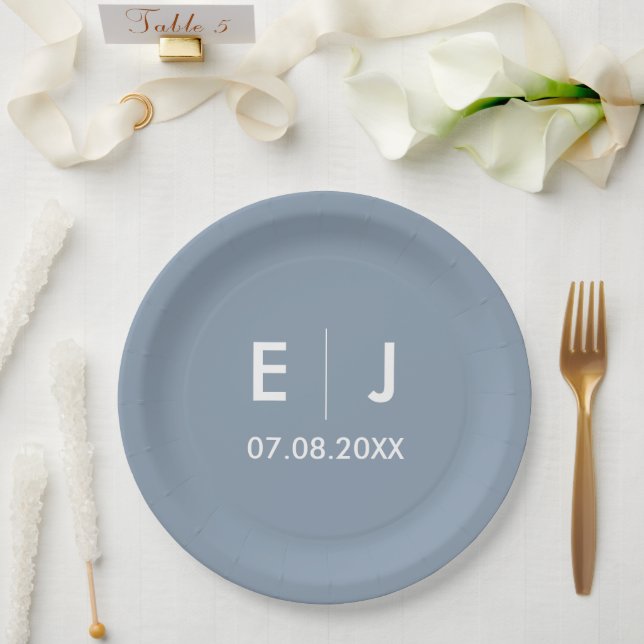 Assiettes En Carton Mariage monogramme bleu et blanc Dusty (Mariage)