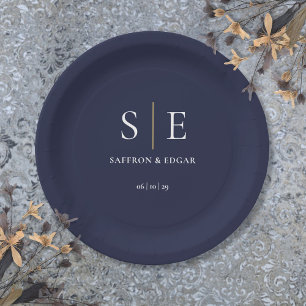 Assiettes En Carton Mariage Monogramme bleu et or de la marine