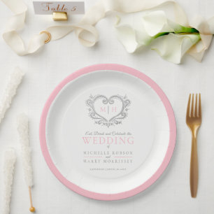Assiettes En Carton Mariage monogramme de couronne rose coeur argenté