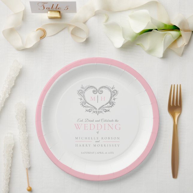 Assiettes En Carton Mariage monogramme de couronne rose coeur argenté (Mariage)