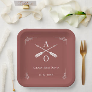 Assiettes En Carton Mariage Monogramme et Flèches en terre cuite