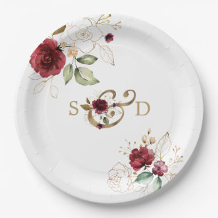 Assiettes En Carton Mariage Monogramme Fleurs Or Bourgogne Fantaisiste
