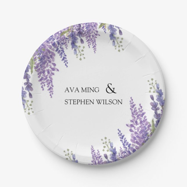 Assiettes En Carton Mariage Monogramme Lavande de l'arbre de Wisteria (Devant)