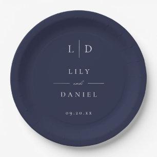 Assiettes En Carton Mariage Monogramme Minimaliste Bleu Marine