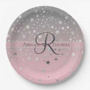 Assiettes En Carton Mariage Monogramme Nom Rose Gris Argent Étoiles