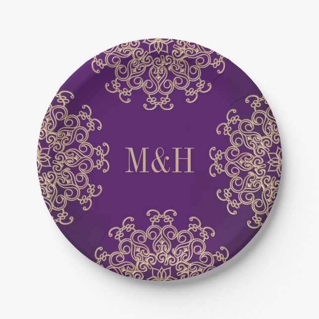 Assiettes En Carton Mariage monogramme violet et or de style indien (Devant)