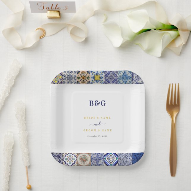 Assiettes En Carton Mariage Motif de tuiles portugaises méditerranéenn (Mariage)