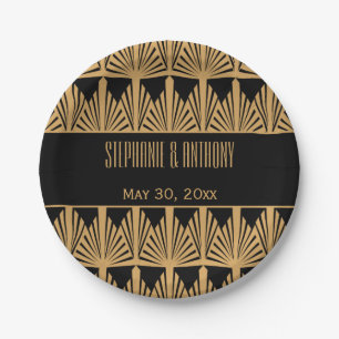 Assiettes En Carton Mariage Motif Gold et Black Art Déco