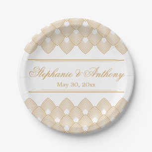 Assiettes En Carton Mariage Motif Gold et White Art Déco
