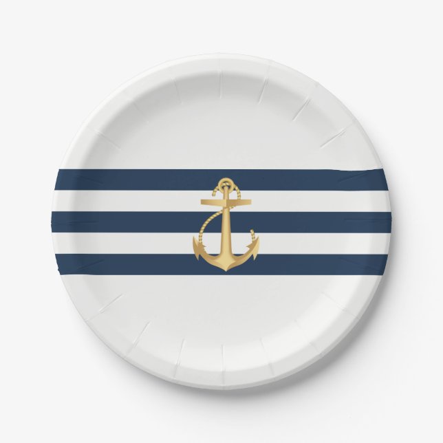 Assiettes En Carton Mariage nautique Ancre d'or (Devant)